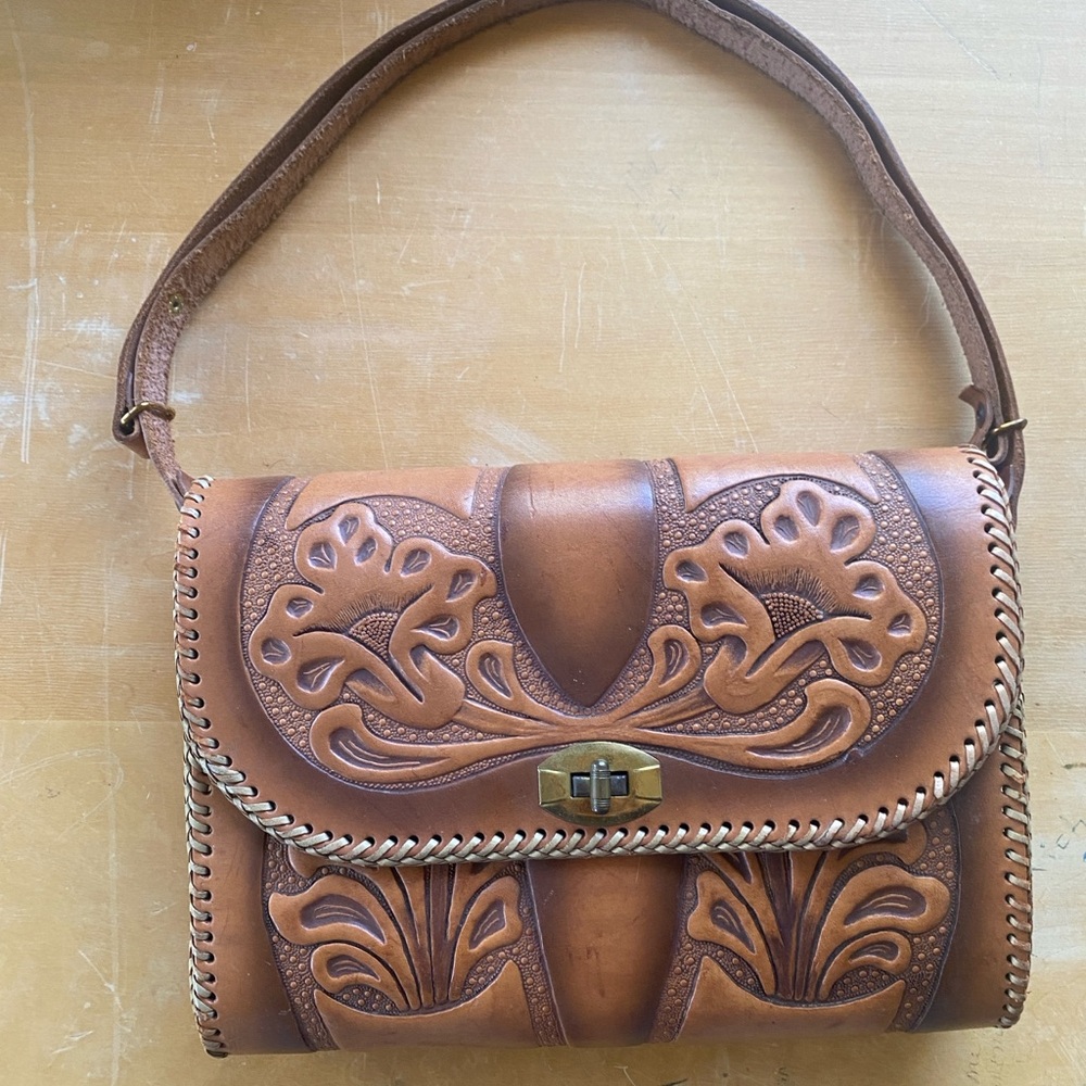 Handcrafted Tooled Leather Shoulder Bag - Tan vintage 1970s 1960s BoHo Crossbody